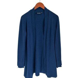 Magaschoni 100% Cashmere Oversized Cardigan Open Front Sweater Blue Ribbed Trim